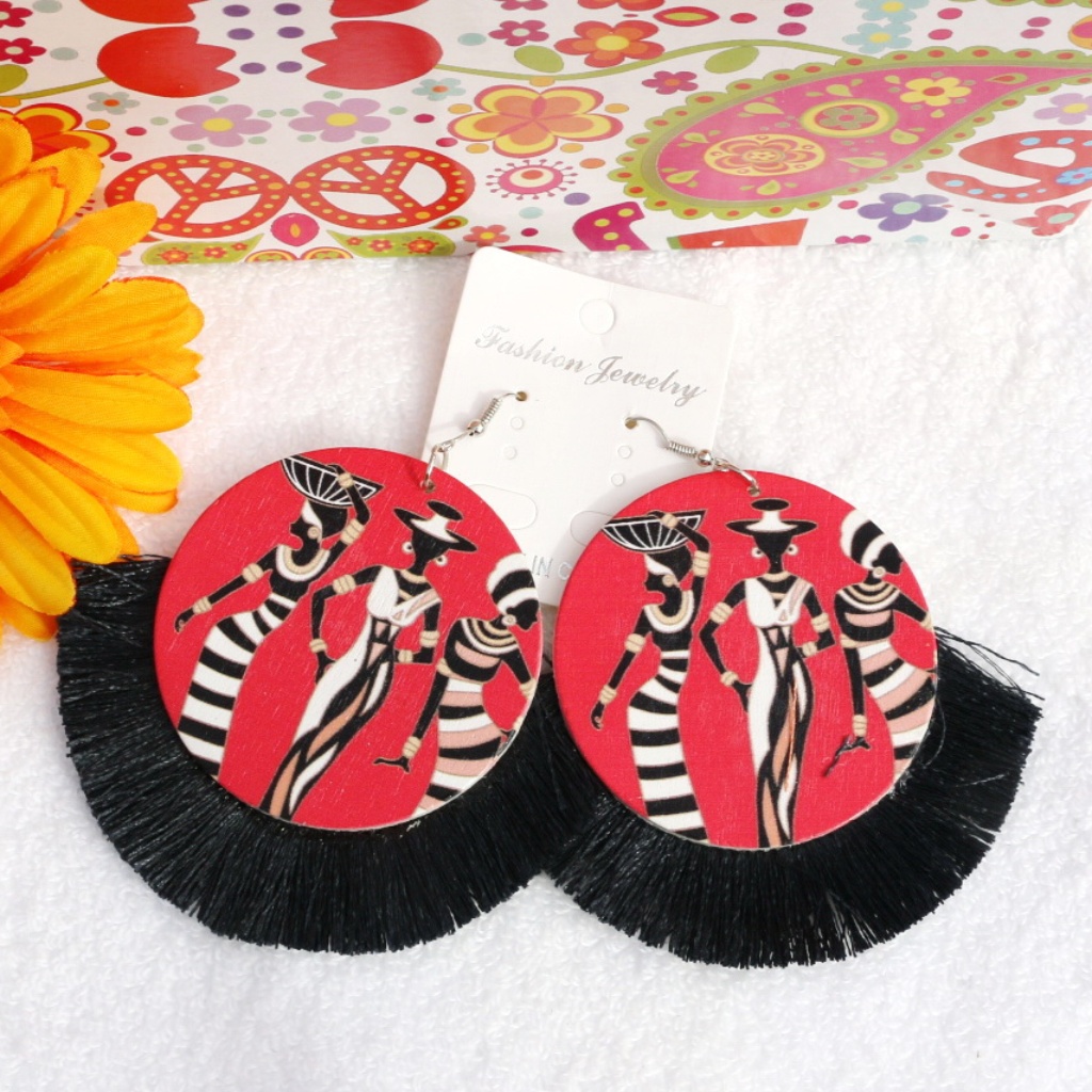 Large Boho Working Girl Earrings Wood Fan Tassel 19$